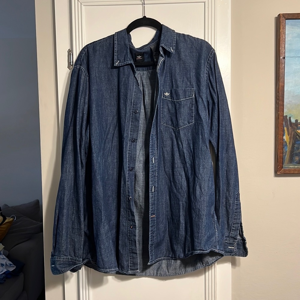 Dockers Khakiware Mens Blue Denim Long Sleeve Button Up Shirt